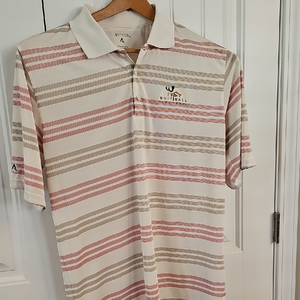 Antigua Men's Polo Shirt - Cream, Pink, and Tan Stripes